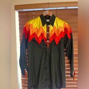 Vintage Ely Cattleman Black Flame Western Snap‎ Shirt – Size 16/34 – Bold Flame